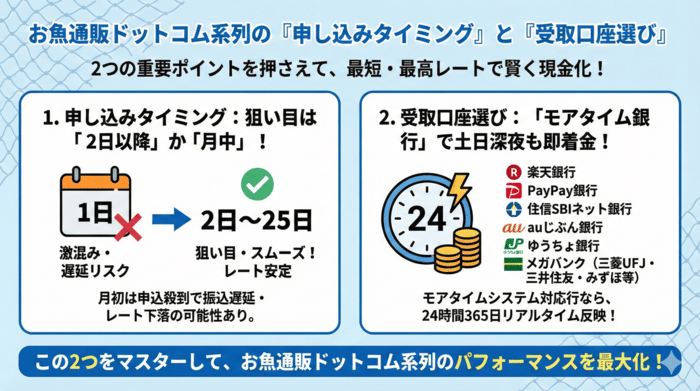 お魚通販ドットコム系列の「申し込みタイミング」と「受取口座選び」
